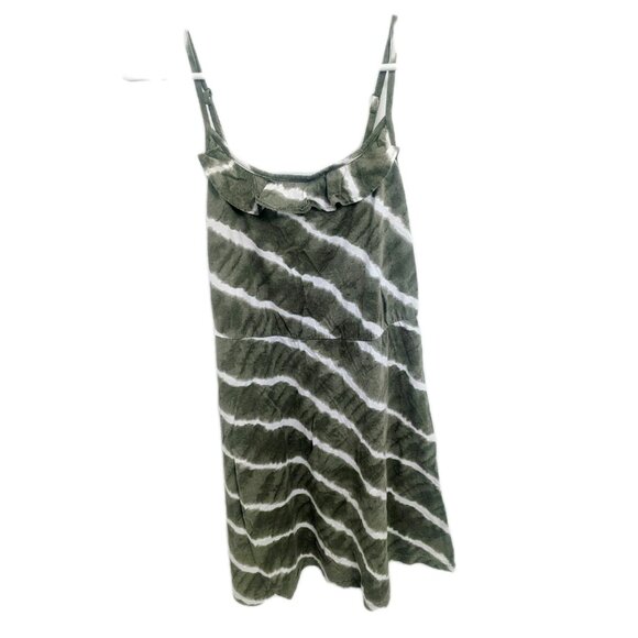 Olive Green And White Tye-dye Sundress With Ruffle Collar And Spaghetti Straps - Picture 1 of 6